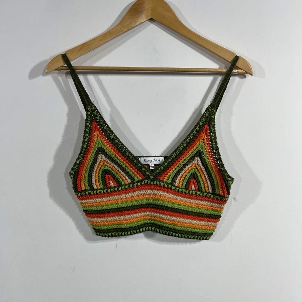 Emory Park Y2K Boho Festival Crochet Rainbow Striped Top Large Concert Hippie